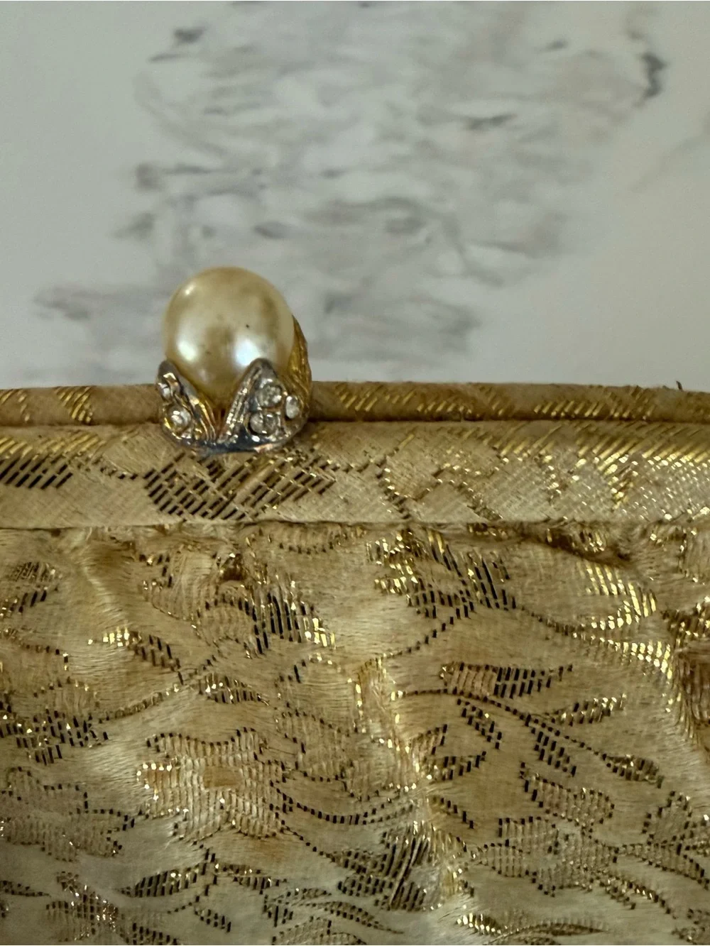 Gold Jacquard Pearl-Clasp Evening Clutch
